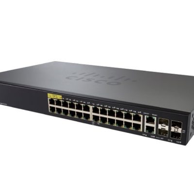 Cisco 24-port PoE+ (support 60W PoE Port) Gigabit with 195W power budget + 2 Gigabit copper/SFP combo + 2 SFP ports Managed Switch – SG350-28P-K9