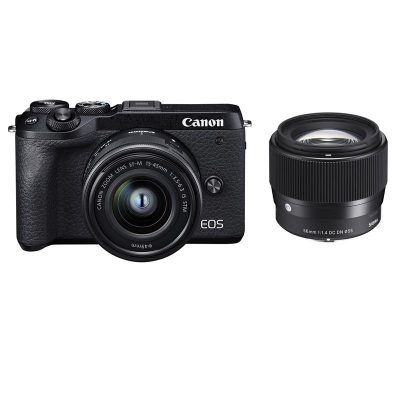 Máy ảnh Canon EOS M6 Mark II Kit 15-45mm + Sigma AF 56mm F1.4 DC DN For Canon EF-M/Bạc